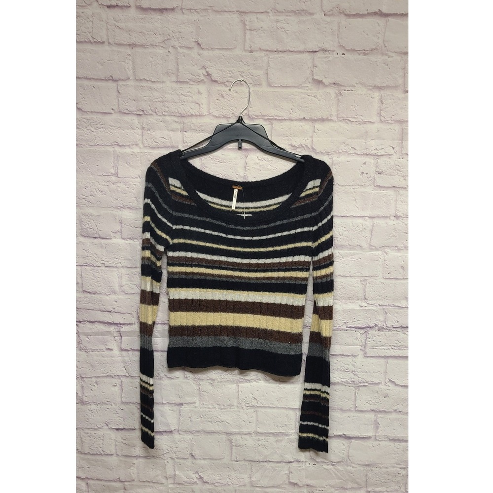 Free People Striped‎ Off The Shoulder Sweater Black Brown Cream Size Small - Picture 6 of 8